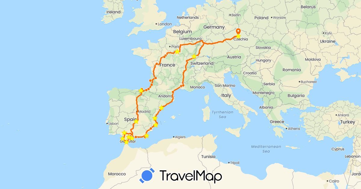 TravelMap itinerary: driving, train, dodávka in Czech Republic, Spain, France, Gibraltar (Europe)